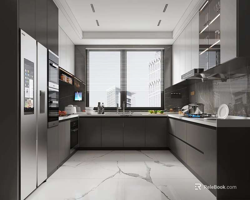 Modern Kitchen Interior With Dark Cabinets Large Windows And Appliances 3d model 