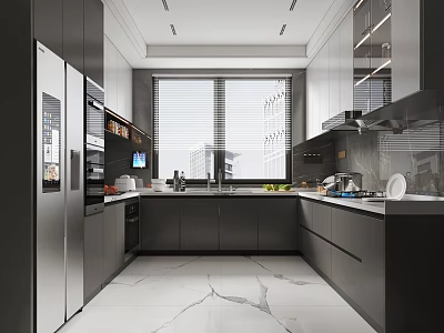 Modern Kitchen Interior With Dark Cabinets Large Windows And Appliances 3d model