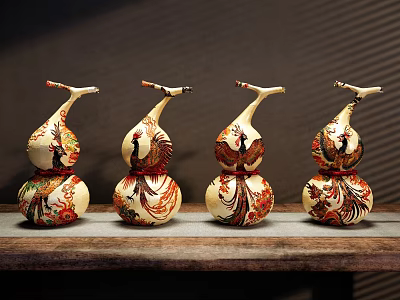 Decorative Gourd Shaped Ornament Set Featuring Colorful Patterns On Wooden Surface 3d model