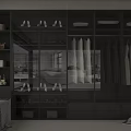 Modern Black Wardrobe Interior Design With Glass Doors Hanging Dresses Folded Clothes And Shoes