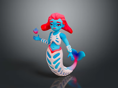 3D Mermaid Character With Blue Body Red Hair And Skeleton Like Patterns Holding Small Object 3d model
