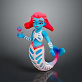 3D Mermaid Character With Blue Body Red Hair And Skeleton Like Patterns Holding Small Object