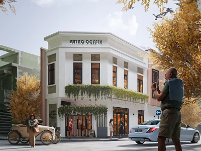 Retro Coffee Shop Storefront With Hanging Plants Yellow Leaf Trees And People 3d model