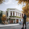 Retro Coffee Shop Storefront With Hanging Plants Yellow Leaf Trees And People