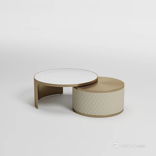 Round Coffee Table Set With Gold Frame White Tabletop And Beige Quilted Design 3d model