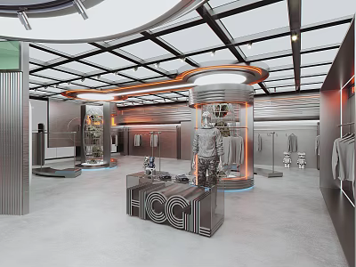 Modern Clothing Store Interior With Glass Ceiling Circular Decor Mannequins And Display Racks 3d model