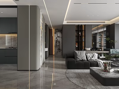 Modern Living And Dining Room Interior With Black Sofa Coffee Table Plants And Marble Floor 3d model