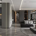 Modern Living And Dining Room Interior With Black Sofa Coffee Table Plants And Marble Floor