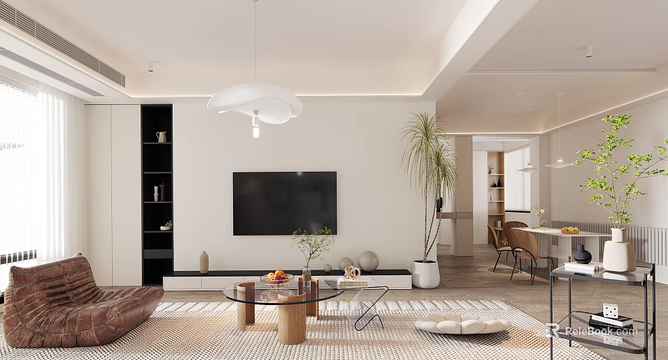 Modern Living Dining Room Interior With TV Wall Sofa Coffee Table And Hanging Light 3d model 