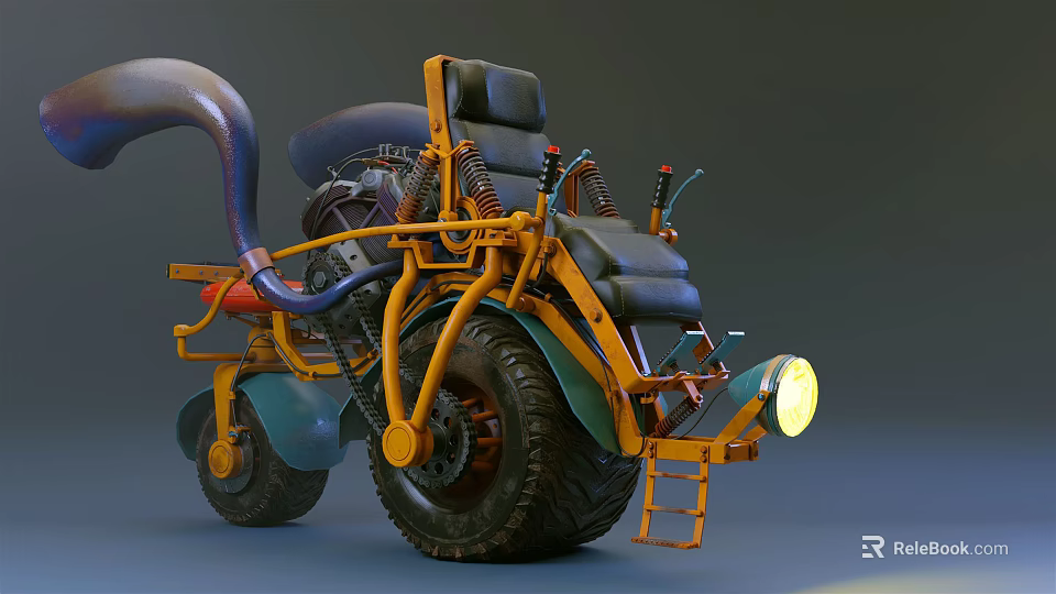 Unique Custom Motorcycle With Yellow Frame Black Seat Large Tires Ladder And Front Light 3d model 