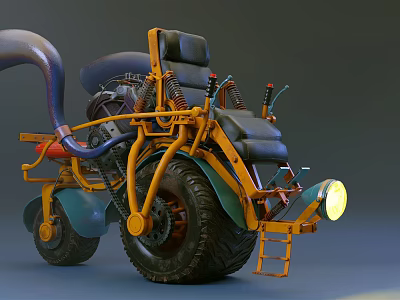 Unique Custom Motorcycle With Yellow Frame Black Seat Large Tires Ladder And Front Light 3d model