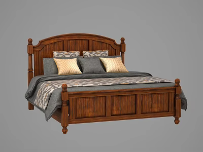 Traditional Wooden Double Bed With Carved Headboard Gray Bedspread And Pillows 3d model