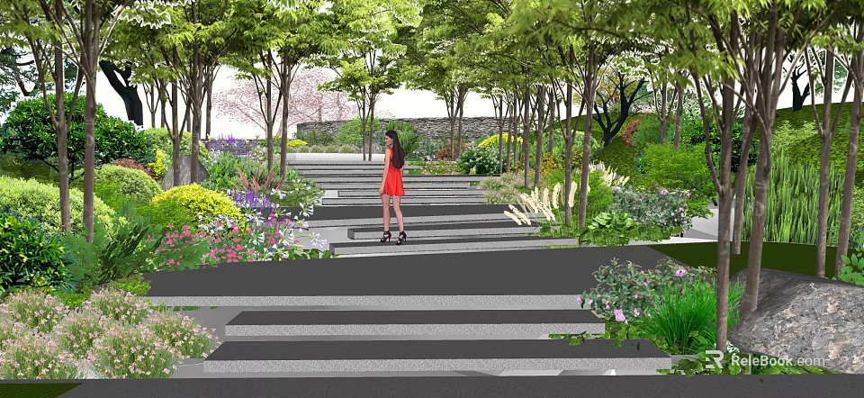 Park Landscape With Woman In Red Dress On Stone Steps Green Trees And Colorful Flowers 3d model 