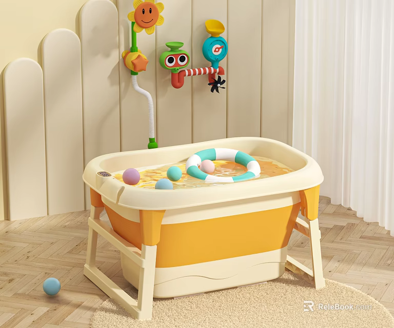 Baby Bath Tub With Colorful Balls Hanging Toys And Swim Ring For Daily Wash Supplies 3d model 