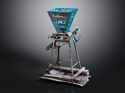 Vintage Old Rusty Blue Metal Machine With Wheel And Rusty Base 3d model