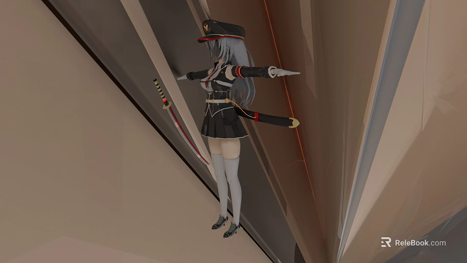 Anime Style Woman In Black Uniform With Hat Holding Two Swords In Geometric Environment 3d model 