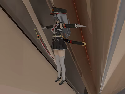 Anime Style Woman In Black Uniform With Hat Holding Two Swords In Geometric Environment 3d model