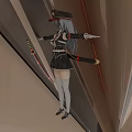 Anime Style Woman In Black Uniform With Hat Holding Two Swords In Geometric Environment