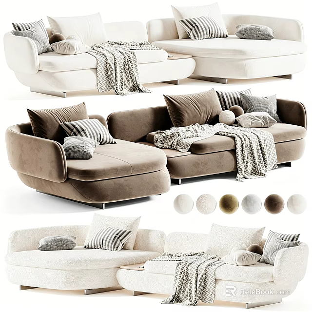 Modern Sectional Sofa In Neutral Tones With Plush Pillows And Cozy Throw Blankets 3d model 