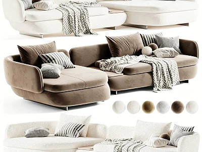 Modern Sectional Sofa In Neutral Tones With Plush Pillows And Cozy Throw Blankets 3d model