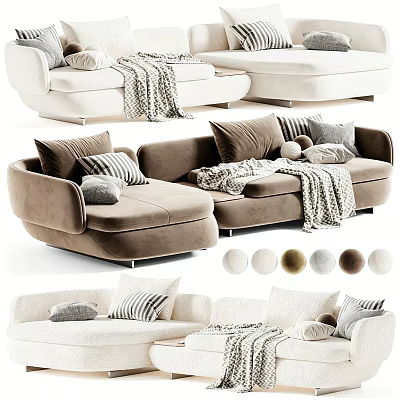 Modern Sectional Sofa In Neutral Tones With Plush Pillows And Cozy Throw Blankets 3d model
