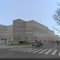 Modern Office Building with Glass Curtain Walls on Urban Street with Cars Pedestrians and Trees