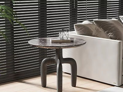 Modern Side Table with Marble Top Curved Legs by White Sofa Blinds Holding Book Item 3d model
