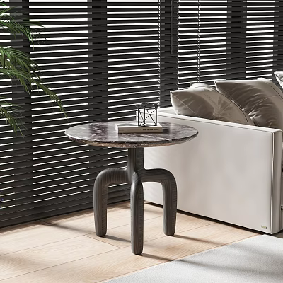 Modern Side Table with Marble Top Curved Legs by White Sofa Blinds Holding Book Item 3d model