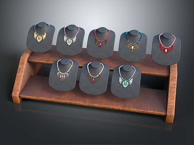 Jewelry Necklaces On Two Tiered Wooden Display Stand With Black Mannequins And Colorful Designs 3d model