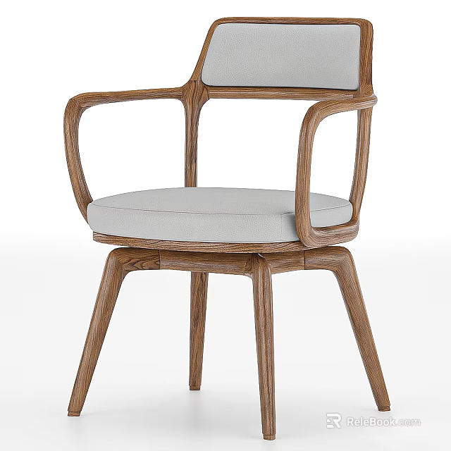 Solid Wooden Dining Chair with Curved Armrest and Gray Upholstered Seat for Dining Room 3d model 