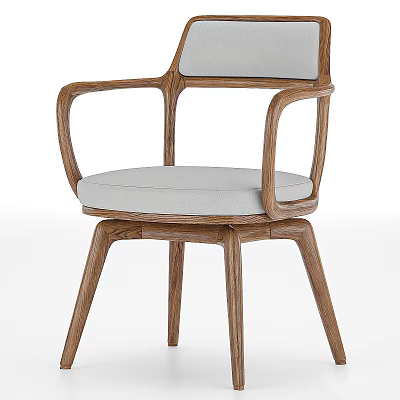 Solid Wooden Dining Chair with Curved Armrest and Gray Upholstered Seat for Dining Room 3d model