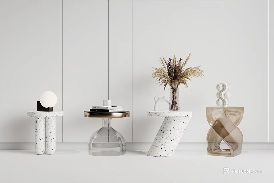 Modern Side Tables Interior With Decorative Items Dried Grass Sculpture Books And Lamp 3d model 