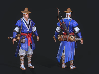 Man in Traditional Blue Outfit with Red Belt Hat Bow Quiver Sword Front Back Views 3d model