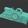 Detailed Vintage Blue Tractor Model with Large Wheels and Metallic Body on Gray Mat