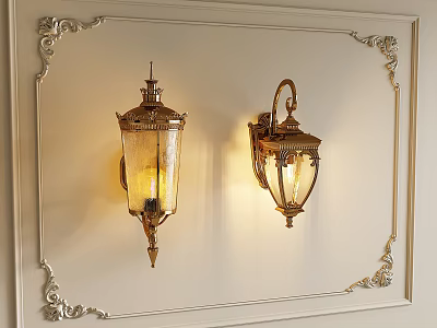 Classic Golden Wall Lamps With Glass Shades On Carved Frame White Wall 3d model