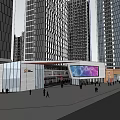 Modern High Rise Commercial Complex With Entrance Plaza Large Digital Screen And Pedestrians