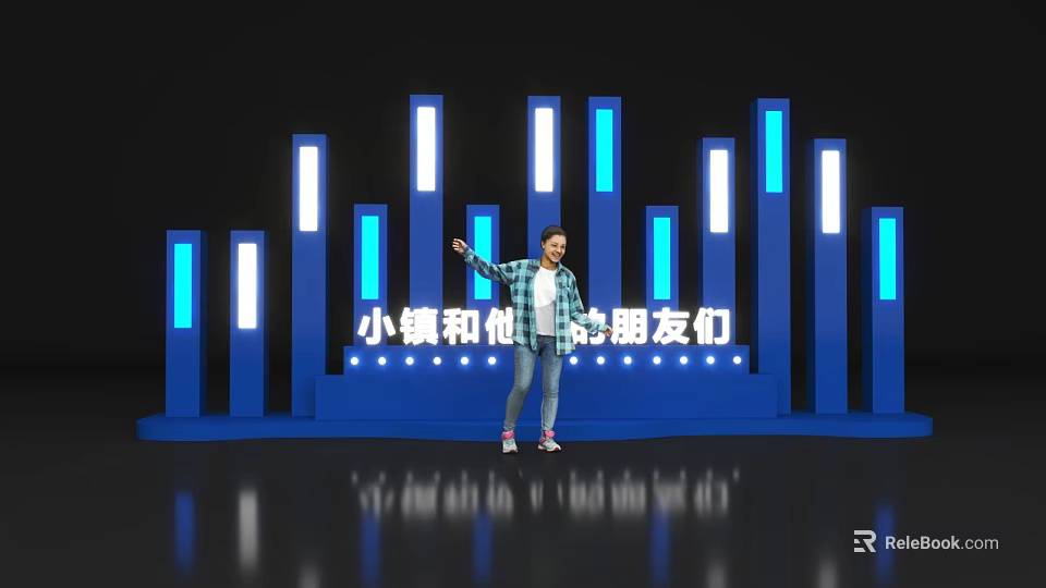Modern Photo Check In Spot With Blue Illuminated Pillars And Standing Person 3d model 