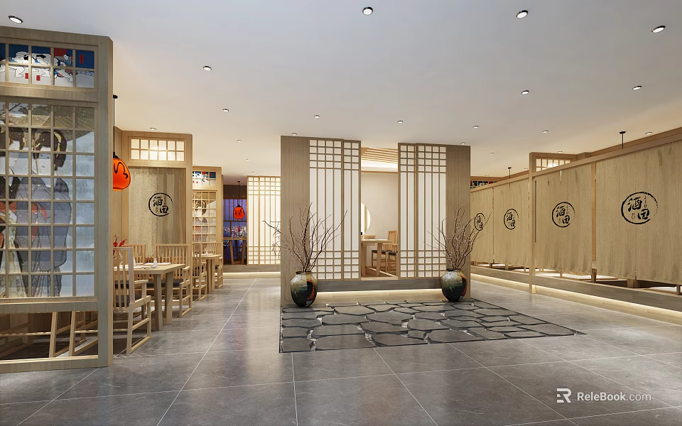 Traditional Restaurant Interior With Wooden Partitions Lanterns Dining Tables And Stone Slab Floor 3d model 