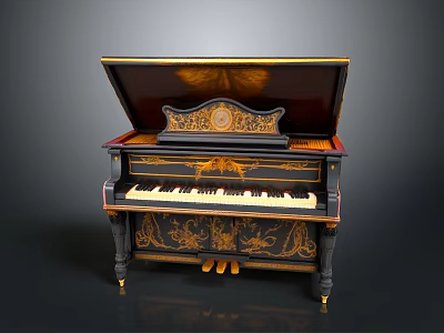 Vintage Ornate Piano With Intricate Golden Carvings And Decorative Black Frame 3d model