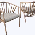 Wooden Single Chair With Curved Armrest Slatted Back And Fabric Seat Cushion