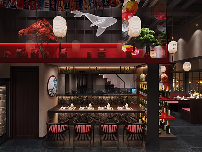 Traditional Japanese Restaurant Interior With Red Lanterns Maple Decor Bar Counter And Wooden Chairs 3d model