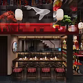 Traditional Japanese Restaurant Interior With Red Lanterns Maple Decor Bar Counter And Wooden Chairs