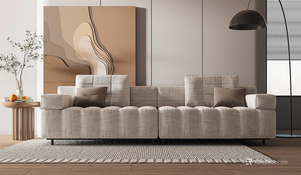 Modern Two Seater Sofa With Textured Fabric Brown Cushions Abstract Painting And Black Pendant Light 3d model 