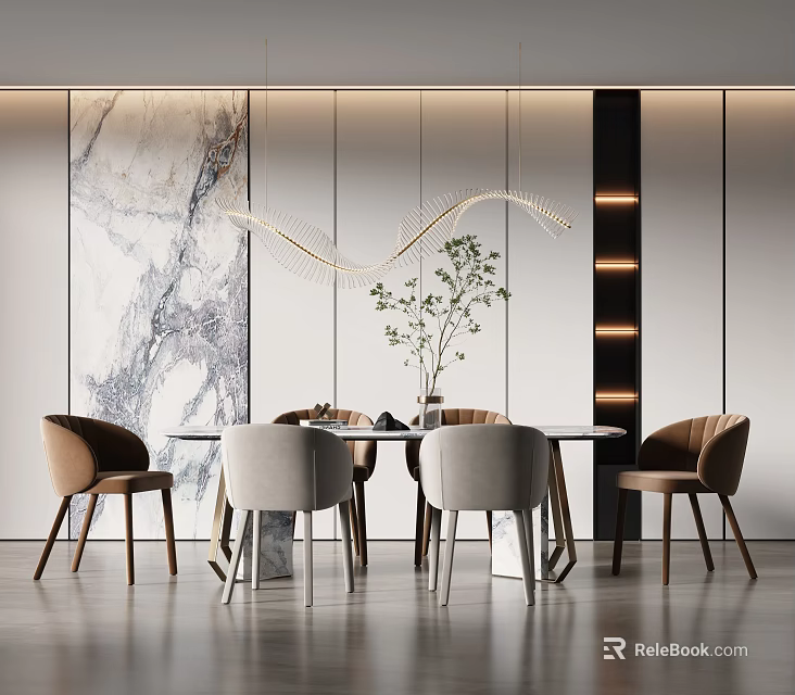 Modern Dining Table Set With Round Table Brown Gray Chairs Marble Wall And Pendant Light 3d model