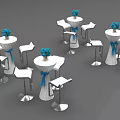 White High Top Event Tables With Blue Ribbon Flower Arrangements And Bar Stools