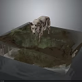 White Cow Standing On Square Platform With Grass Water Puddle And Rock