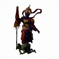 Game Movie Character In Ornate Costume With Golden Decorations Red Cape And Green Creature