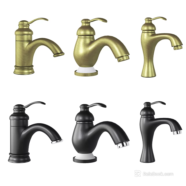 Stylish Washbasin with Gold and Black Faucets in Modern Design Styles 3d model 