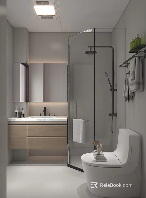 Modern Bathroom Interior Design With Marble Countertop Wooden Vanity Mirror Cabinet And Glass Shower 3d model 