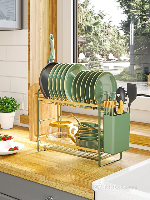 Golden Kitchenware Organizer with Green Black Plates Cups Spatulas and Transparent Kettle 3d model 